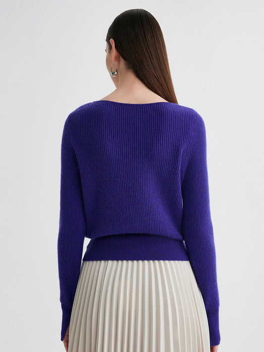 COMOBOCA 100% Cashmere Women's Round Neck Button Ribbed Knit Sweater