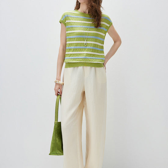 COMOBOCA Women's Striped Knit Cap Sleeve T-Shirt