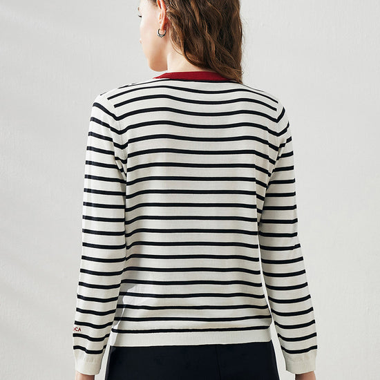 COMOBOCA Women's Striped Heart Embroidered Cotton Silk Sweater