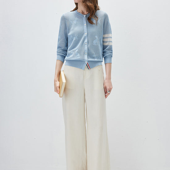 COMOBOCA Women's Pet Pointelle Knit Round Neck Cardigan