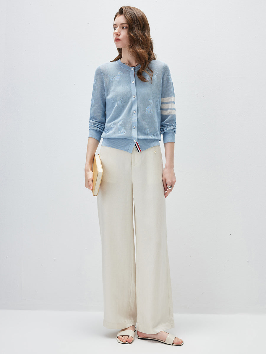 COMOBOCA Women's Pet Pointelle Knit Round Neck Cardigan