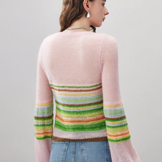 COMOBOCA Women's Rainbow Striped Flared Sleeve Sweater