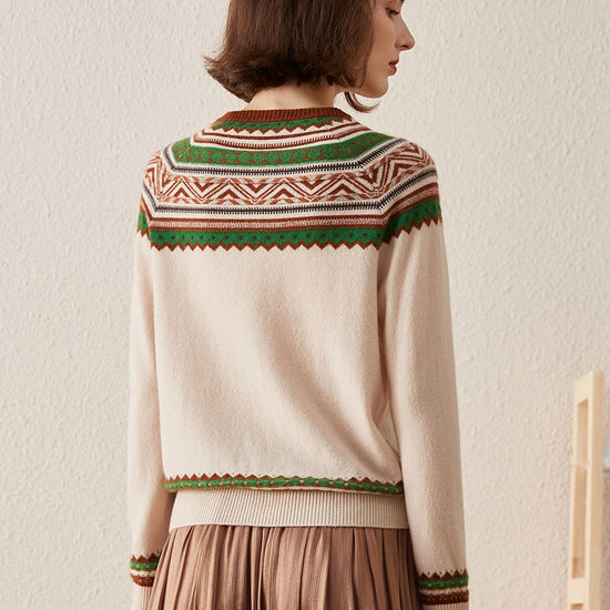 COMOBOCA 100% Cashmere Women's Vintage Inspired Geometric Knit Cardigan