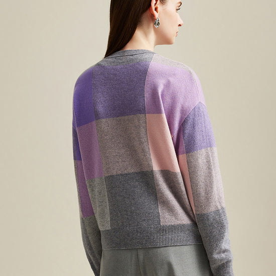 COMOBOCA 100% Cashmere Women's Color Block Plaid Sweater