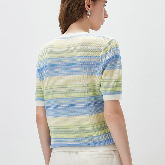 COMOBOCA Women's Gradient Stripe Openwork Knit T-Shirt