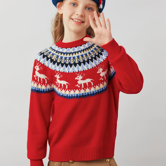 COMOBOCA Red 100% Wool Kids' Fair Isle Reindeer Round Neck Sweater