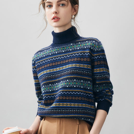 COMOBOCA 100% Cashmere Women's Fair Isle Turtleneck Sweater