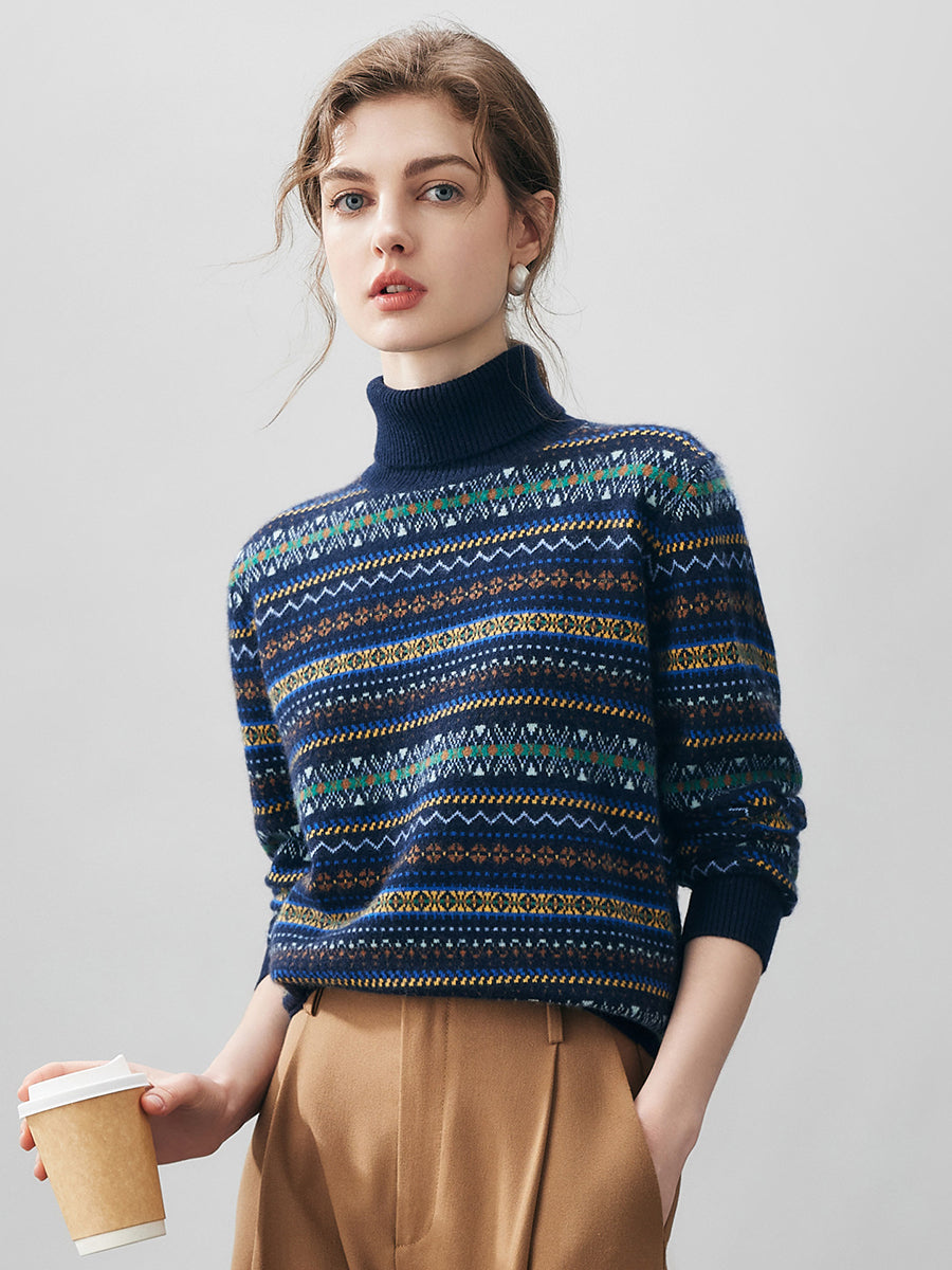 COMOBOCA 100% Cashmere Women's Fair Isle Turtleneck Sweater