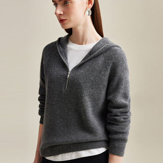 COMOBOCA 100% Cashmere Women's Zip-Up Ribbed Hoodie