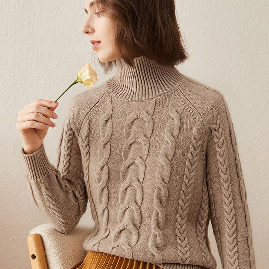 COMOBOCA S Brown 100% Cashmere Women's Turtleneck Cable Knit Sweater