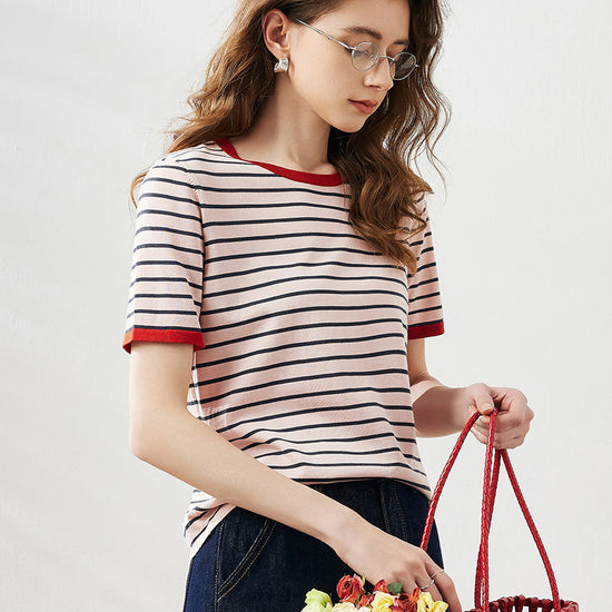 COMOBOCA Women's Striped Ribbed Contrast Trim T-Shirt