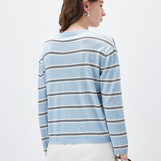 COMOBOCA Women's Striped Round Neck Knit Sweater