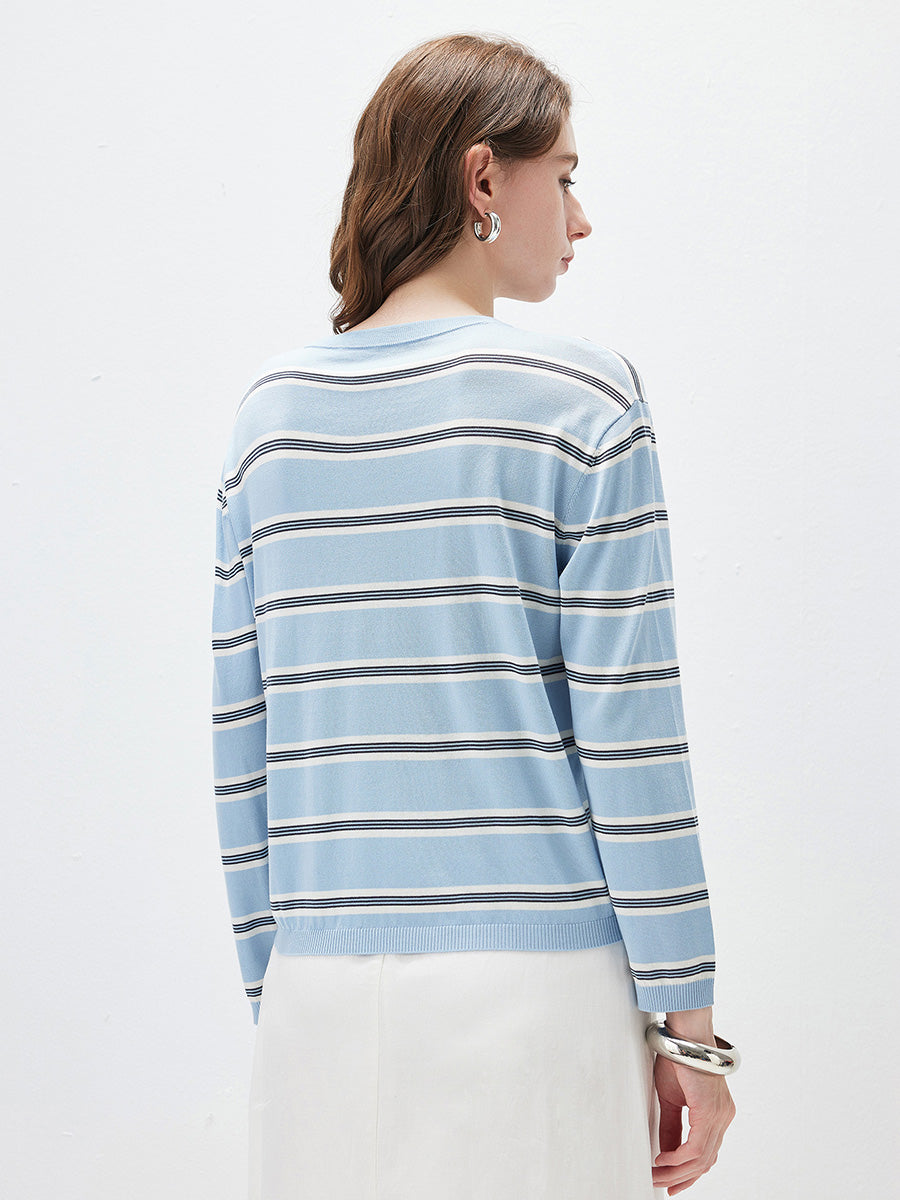 COMOBOCA Women's Striped Round Neck Knit Sweater