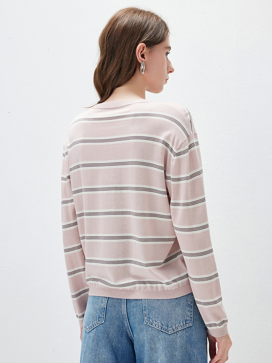 COMOBOCA Women's Striped Round Neck Knit Sweater