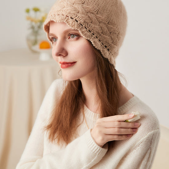 COMOBOCA Golden 100% Cashmere Women's Crochet Trim Cable Knit Beanie