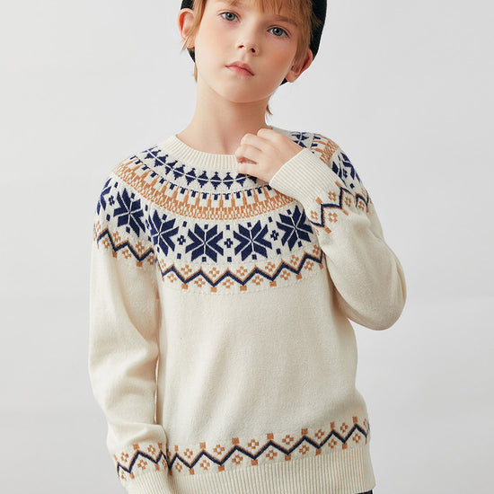 COMOBOCA 100% Wool Kids' Fair Isle Snowflake Round Neck Sweater