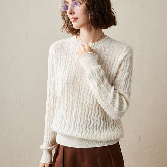 COMOBOCA White 100% Cashmere Women's Classic Cable Knit Sweater