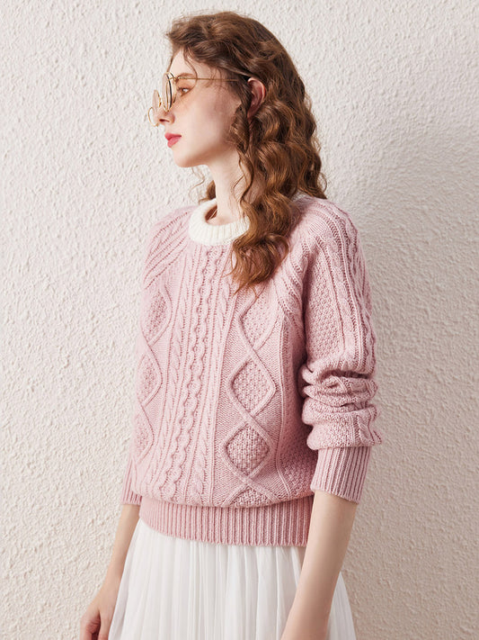 COMOBOCA 100% Wool Women's Contrast Color Cable Knit Sweater