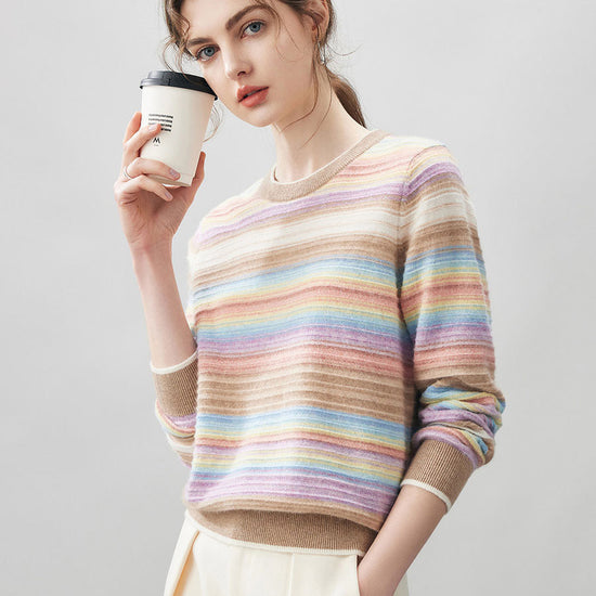 COMOBOCA 100% Cashmere Women's Rainbow Striped Round Neck Sweater