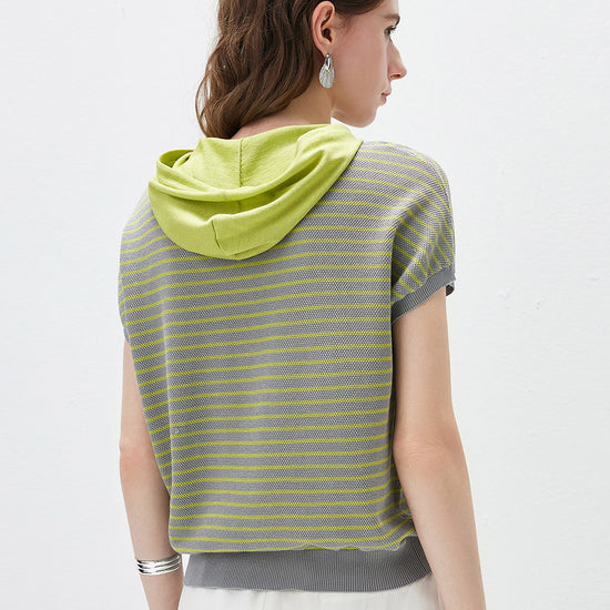 COMOBOCA Women's Striped Contrast Hooded Knit T-Shirt