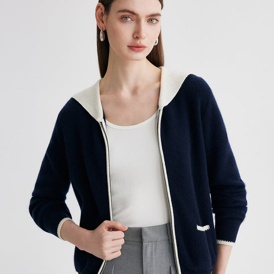 COMOBOCA 100% Cashmere Women's Contrast Collar Double Zip Cardigan
