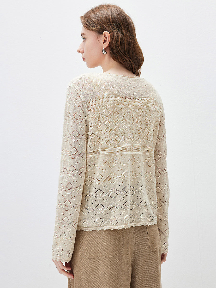 COMOBOCA Women's Diamond Pointelle Knit Sweater