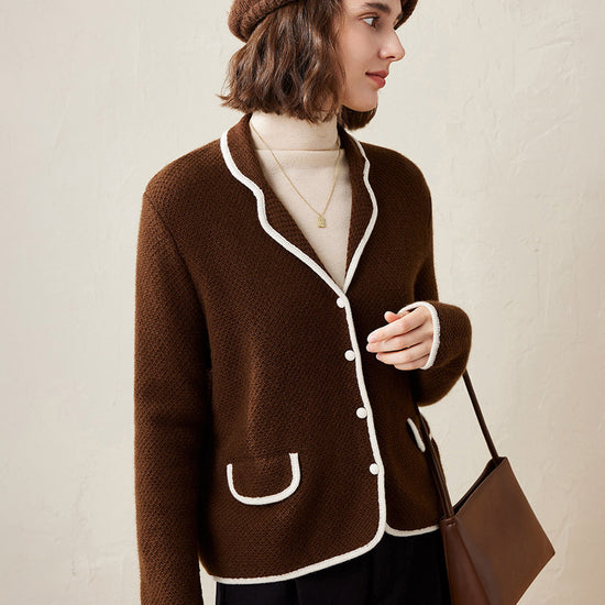 COMOBOCA Coffee 100% Cashmere Women's Contrast Trim Knit Cardigan