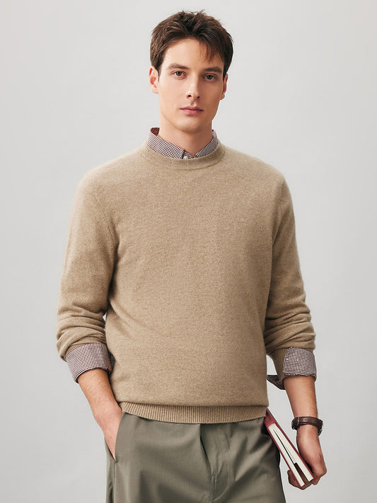 COMOBOCA CAMEL 100% Cashmere Men's Ribbed Round Neck Knit Sweater