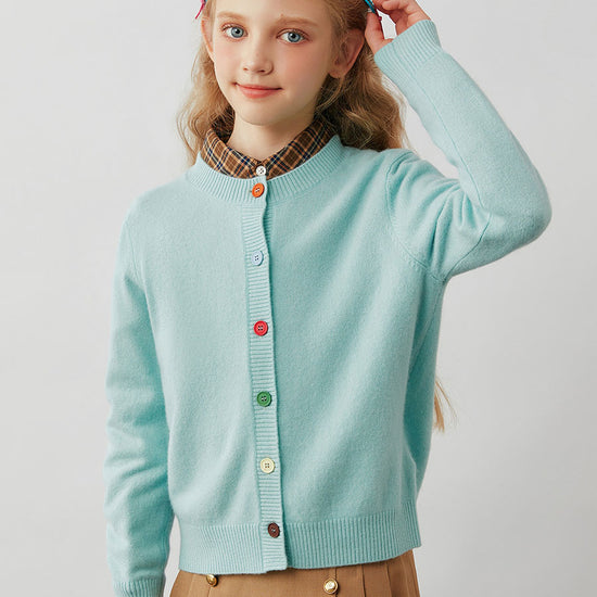 COMOBOCA 100% Wool Kids' Colorful Buttons Round Neck Cardigan