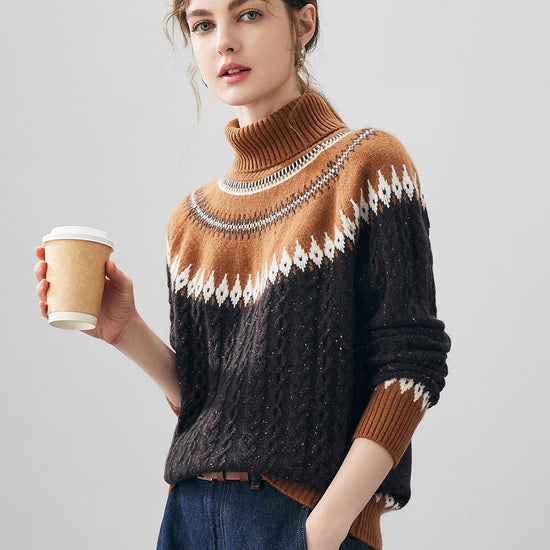 COMOBOCA 100% Cashmere Women's Cable Fair Isle Turtleneck Sweater