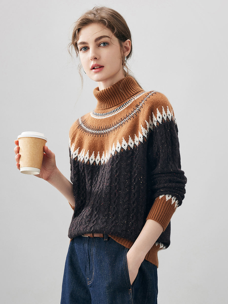 COMOBOCA 100% Cashmere Women's Cable Fair Isle Turtleneck Sweater