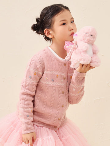 COMOBOCA Pink 100% Wool Kid's Floral Embroidered Cable Knit Cardigan