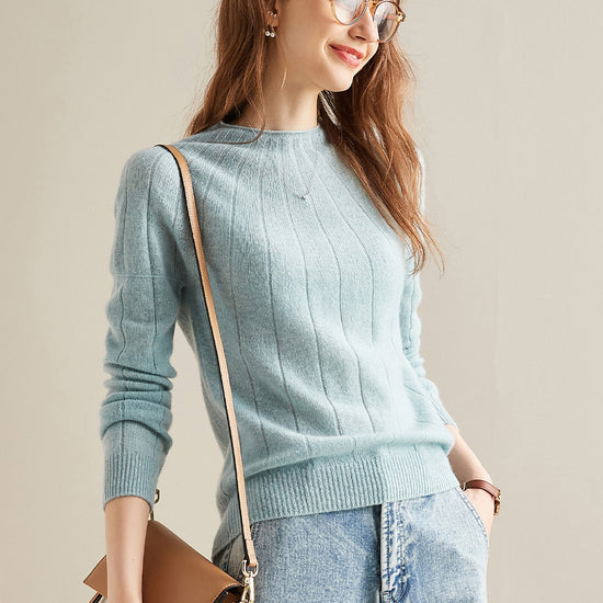 COMOBOCA Light Green 100% Cashmere Women's Ribbed Knit Pullover Sweater