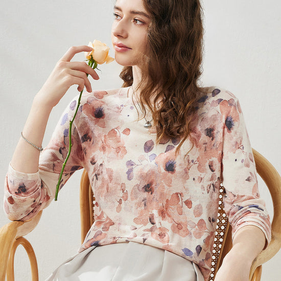 COMOBOCA Women's Floral Round Neck Sweater