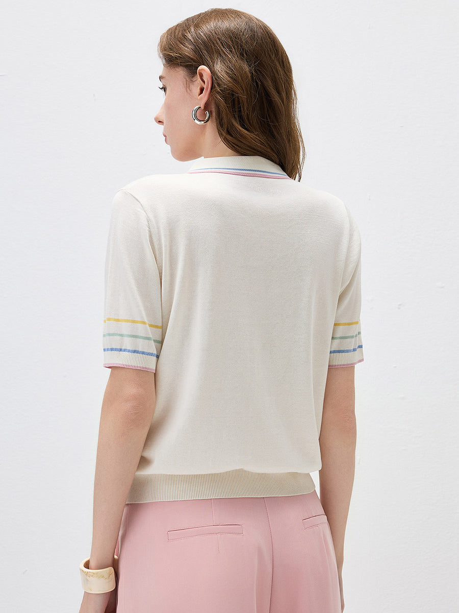COMOBOCA Women's Knit Polo Top with Rainbow Stripes