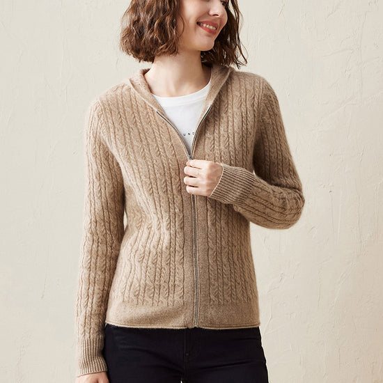 COMOBOCA Camel 100% Cashmere Women's Cardigan Cable Knit Hoodie