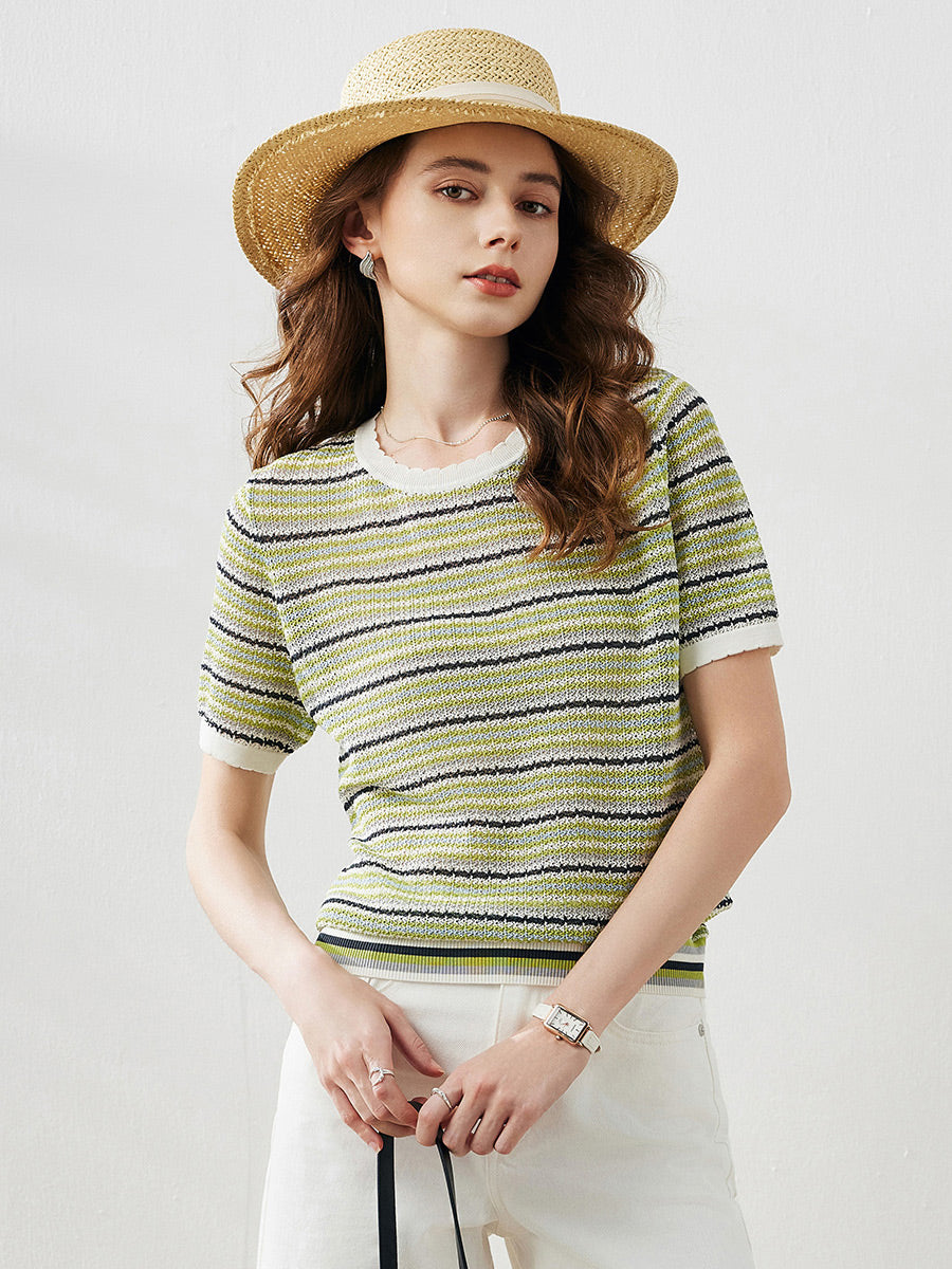 COMOBOCA Green Women's Striped Short Sleeve Knit Sweater