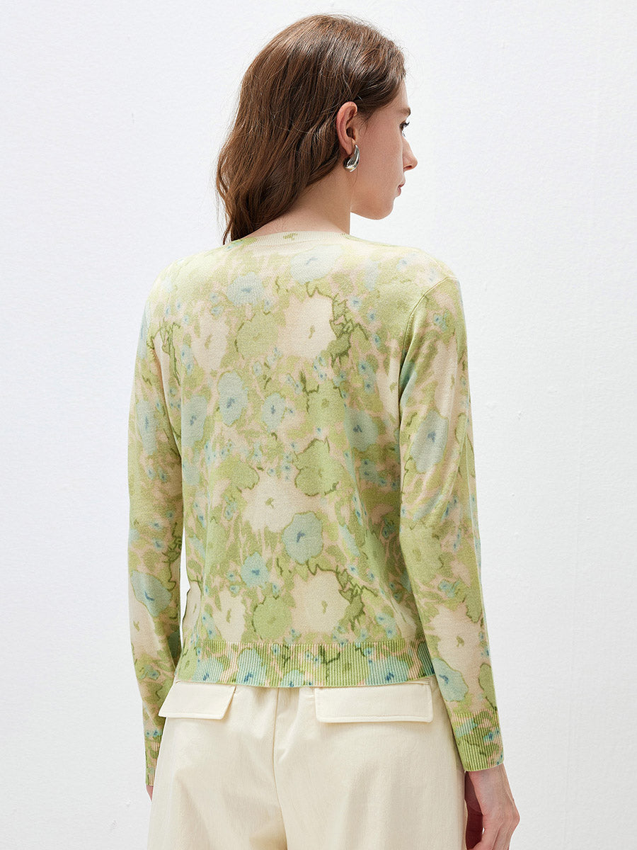 COMOBOCA Women's Watercolor Floral Print Knit Cardigan