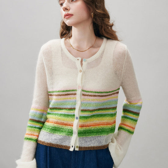 COMOBOCA Women's Rainbow Striped Button Down Cardigan