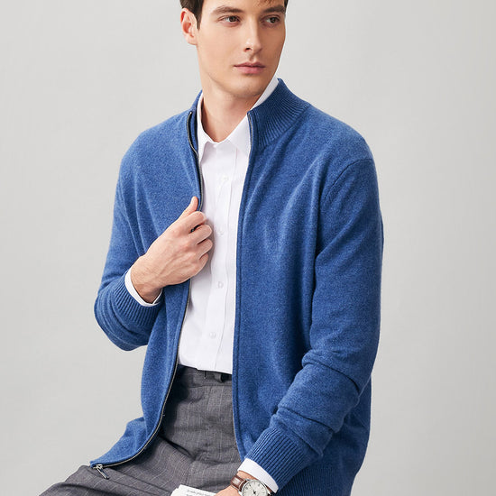 COMOBOCA 100% Cashmere Men's Full Zip Mock Neck Knit Cardigan