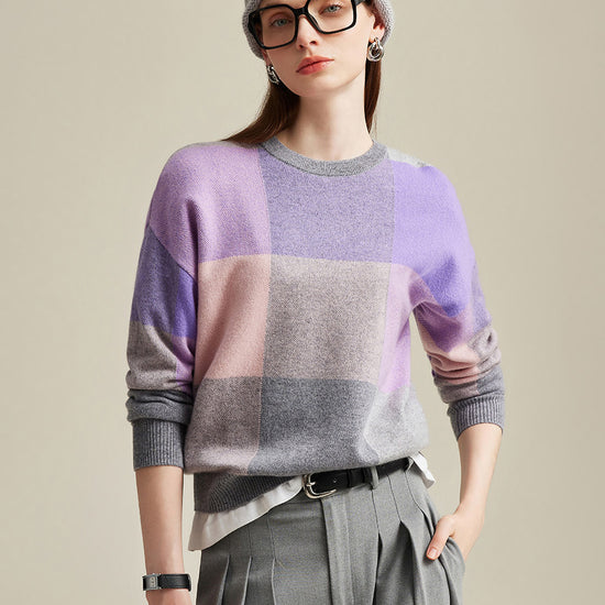 COMOBOCA Purple 100% Cashmere Women's Color Block Plaid Sweater