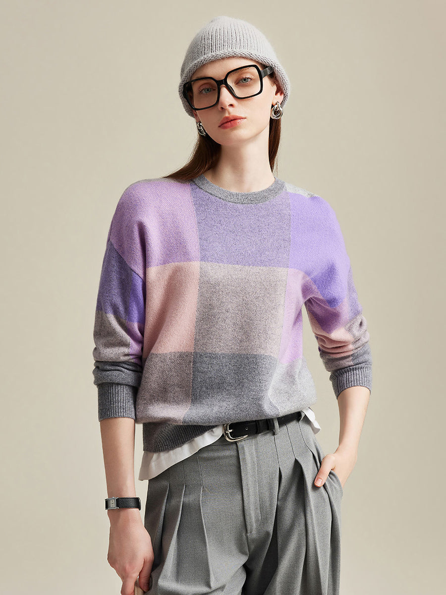 COMOBOCA Purple 100% Cashmere Women's Color Block Plaid Sweater