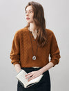 COMOBOCA Brown 100% Wool Women's V-Neck Cable Knit Sweater