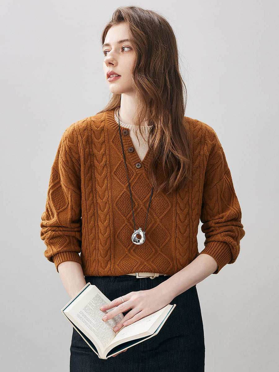 COMOBOCA Brown 100% Wool Women's V-Neck Cable Knit Sweater