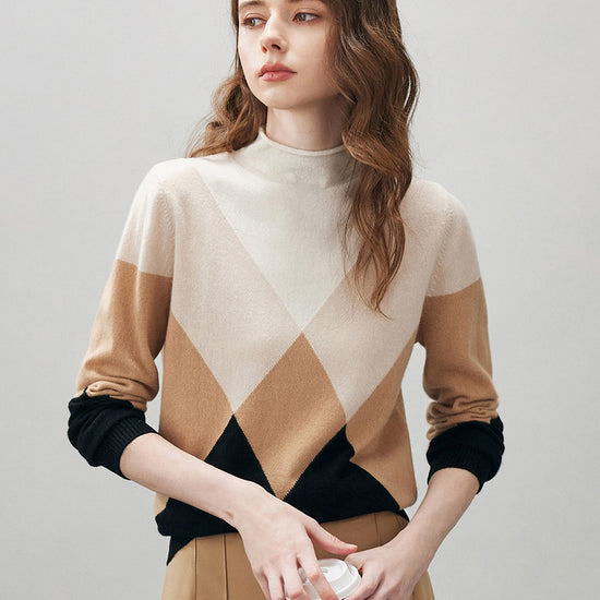 COMOBOCA Geometric 100% Cashmere Women's Turtleneck Geometric Ribbed Sweater