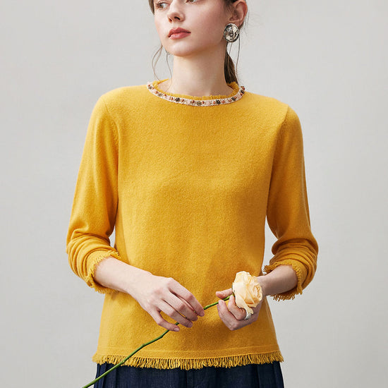COMOBOCA 100% Cashmere Women's Fringed Hem Floral Sweater