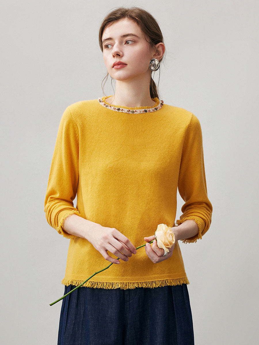 COMOBOCA 100% Cashmere Women's Fringed Hem Floral Sweater