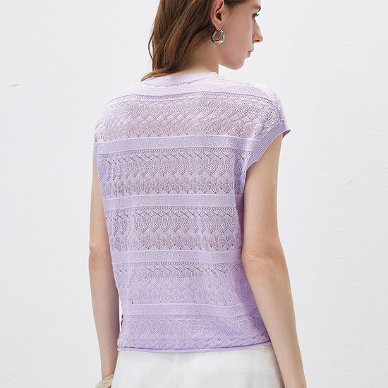 COMOBOCA Women's Openwork Striped Sleeveless Knit T-Shirt