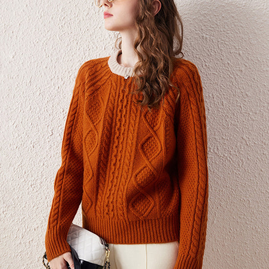 COMOBOCA Orange 100% Wool Women's Contrast Color Cable Knit Sweater