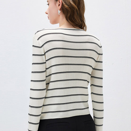 COMOBOCA Women's Striped Ribbed Knit Faux 2-in-1 Zip Cardigan